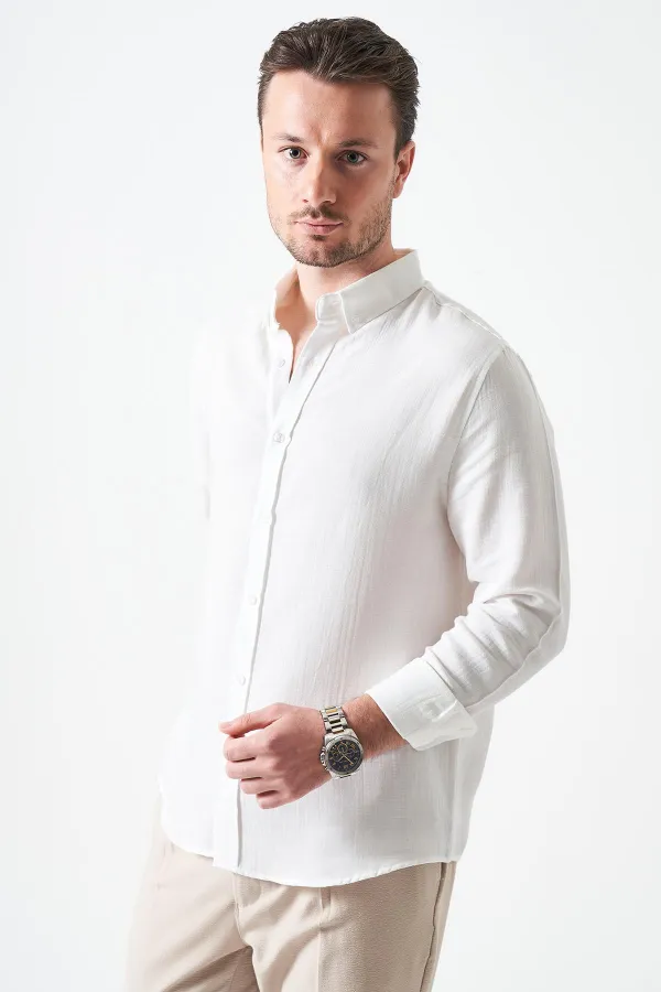 Erkek Ekru Uzun Kol Regular Basic Müslin Gömlek