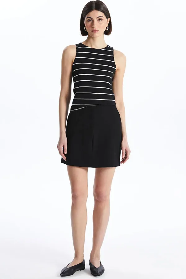 Kadın Siyah-Beyaz Yüzücü Model Bisiklet Yaka Full Licra Çizgili Ribana Atlet