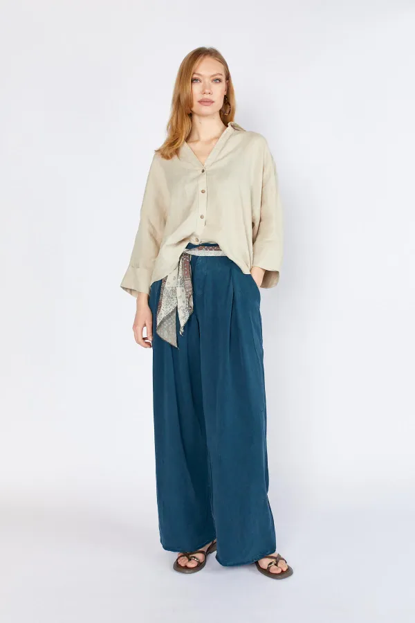 Women's Navy Blue YP5115 Double Pleated Wide Leg Tencel Trousers