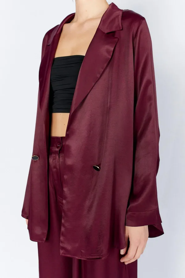 Women's Plum Gold Single Button Flush Satin Jacket