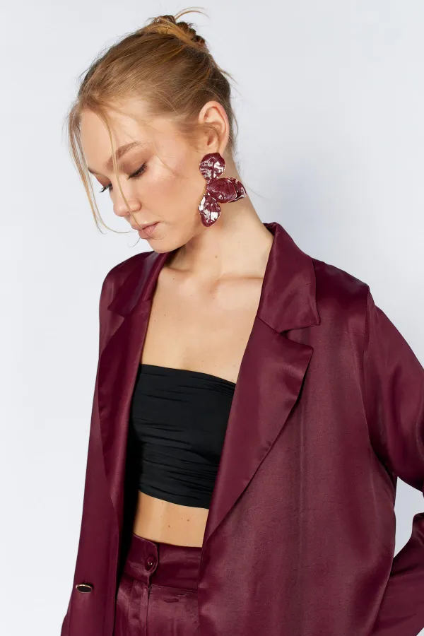 Women's Plum Gold Single Button Flush Satin Jacket