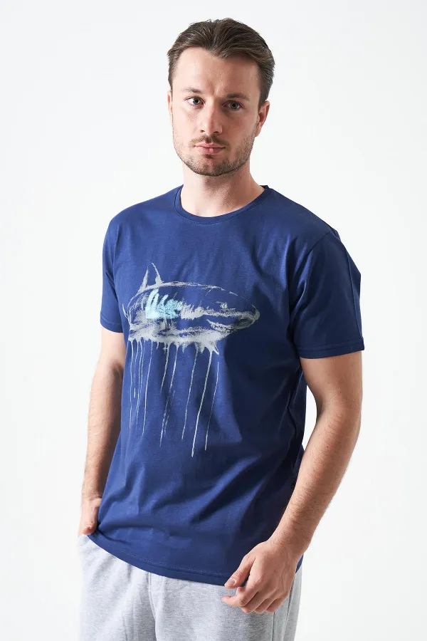 Erkek Lacivert Bisiklet Yaka Köpekbalığı Baskılı Tişört