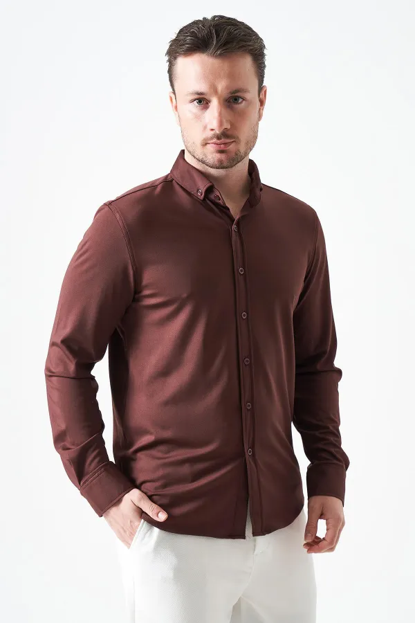 Erkek Kahve Uzun Kol Ripaş Dalgıç Slim Fit Gömlek