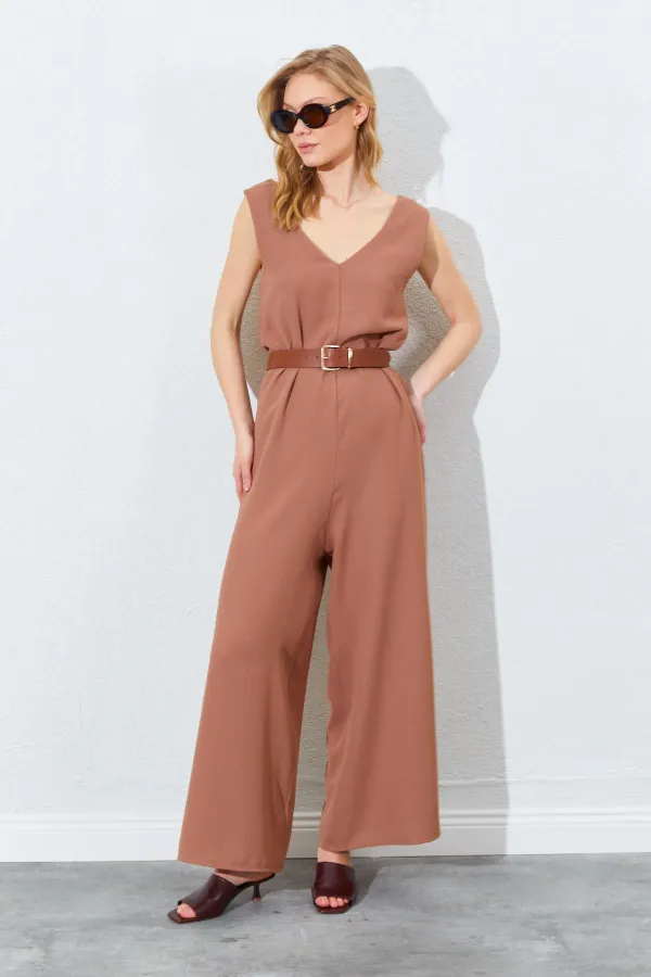 Kadın Mocha Sırtı Çapraz Bol Kesim Krep Tulum