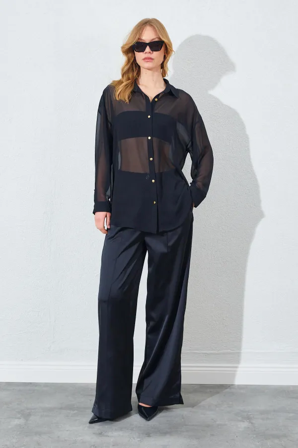 Kadın Siyah Şifon Bluz Saten Pantolon Takım