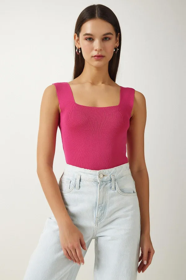 Kadın Fuşya Kare Yaka Triko Atlet