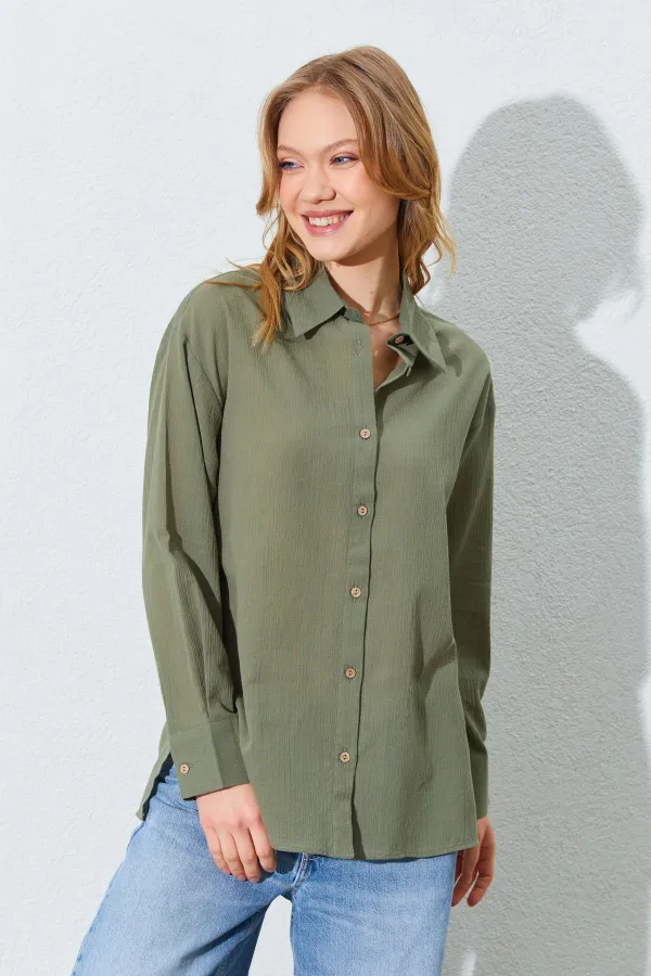 Kadın Haki Krınkıl Oversize Gömlek
