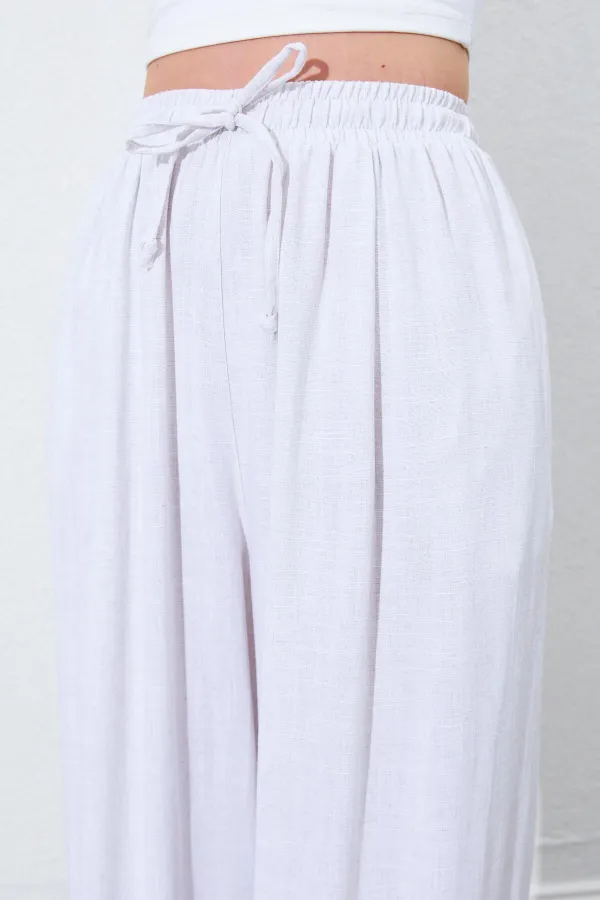 Kadın Naturel Beli Lastikli Palazzo Keten Pantolon