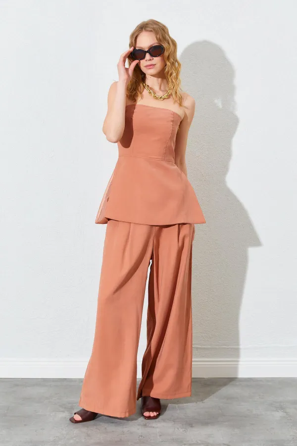 Kadın Kiremit Straplez Bluzlu Palazzo Pantolonlu Takım