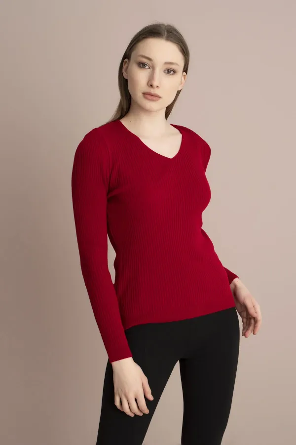 Kadın Kırmızı V Yaka Fitilli Triko