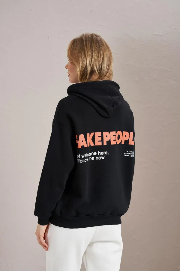Women's Black Fake People Print Three-Thread Sweatshirt