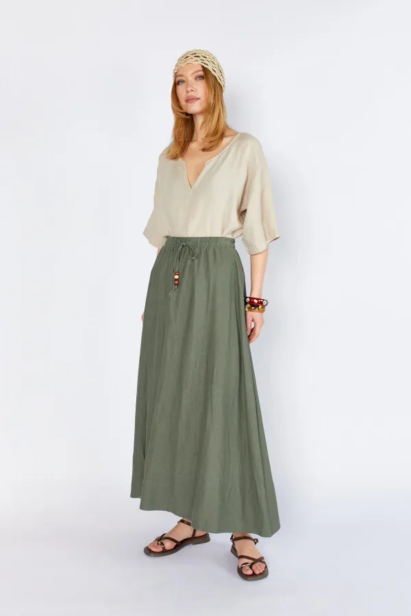 Kadın Haki Eteği Kalın Dikişli Beli Lastikli Etek