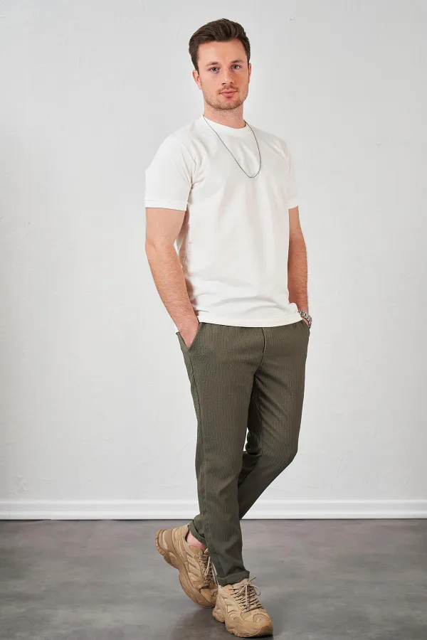 Erkek Ekru Kolu Ribanalı İki İp Rahat Kalıp Tişört