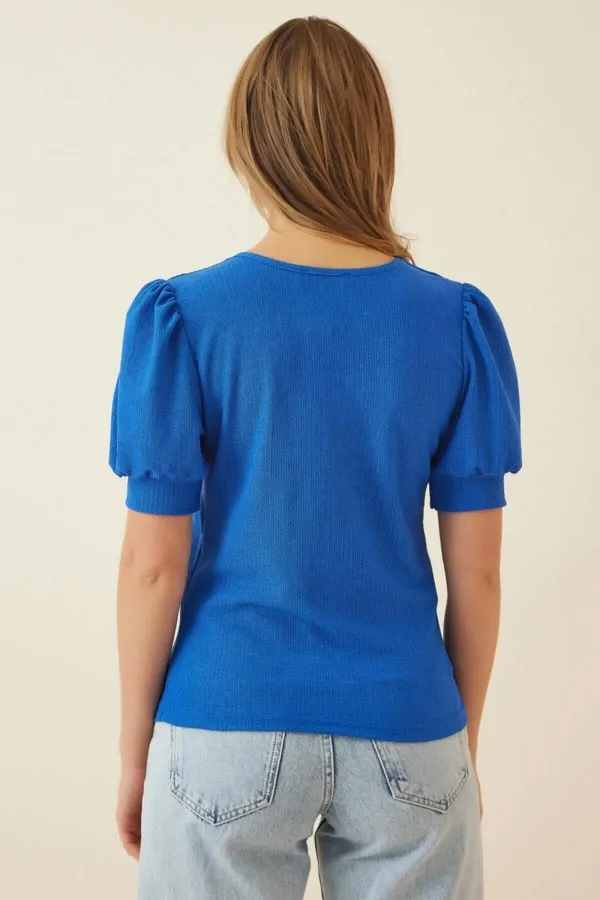 Kadın Saks Balon Kol Kare Bürümcük Kumaş Bluz