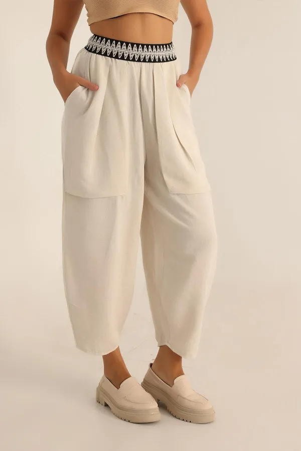 Kadın Naturel Bel Şeritli Büyük Cepli Bol Paça Pantolon