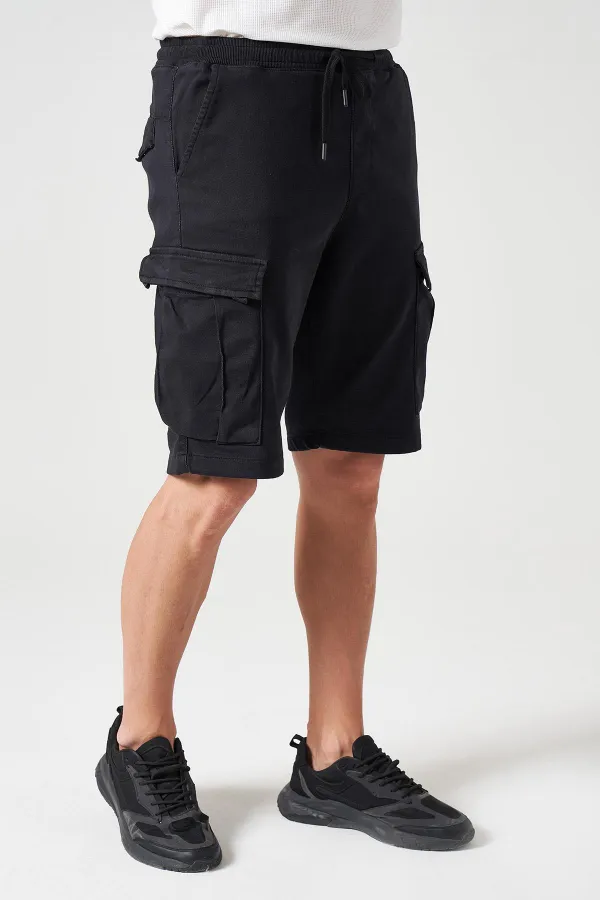 Short cargo noir en maille pour homme avec taille côtelée