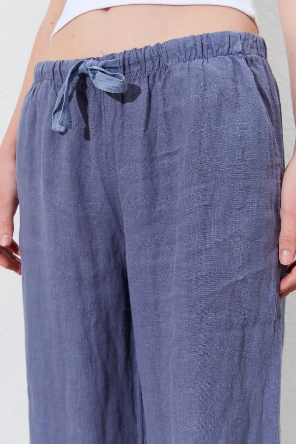 Women's Grey Linen Wide Leg Trousers with Drawstring Waist and Side Pockets