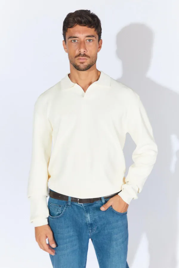 Erkek Ekru Ayaklı V Yaka Fitilli Basic Triko