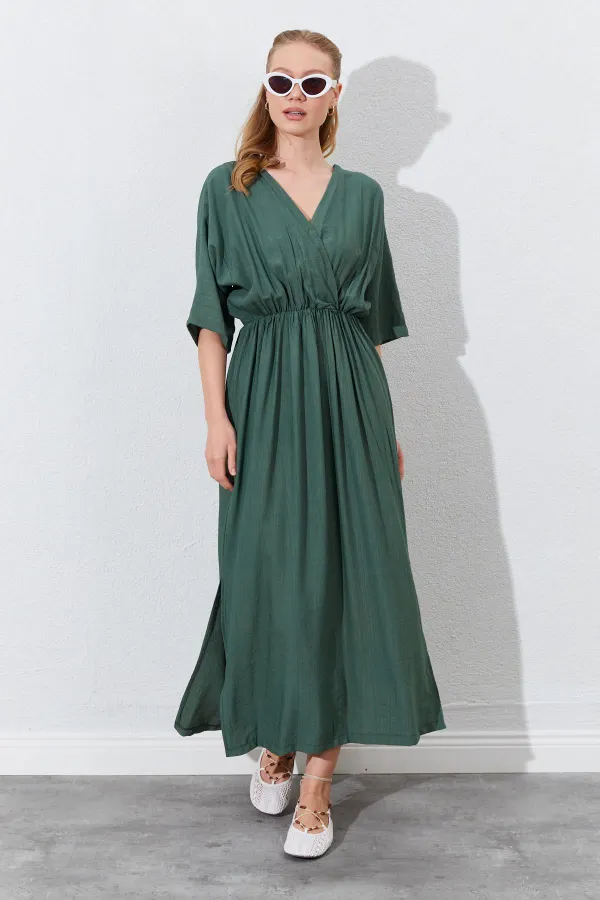 Kadın Haki Düşük Kol Yanları Yırtmaçlı Uzun Elbise