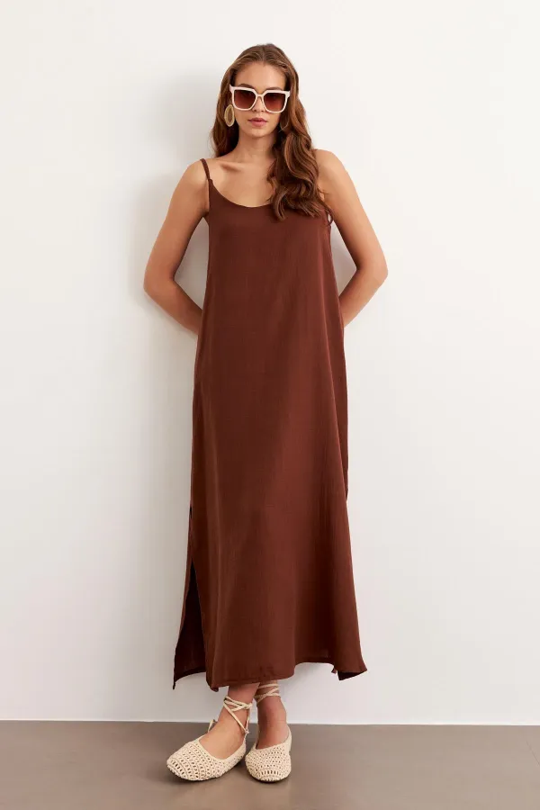 Women's Coffee Brown Strappy Muslin Long Dress with Side Slit