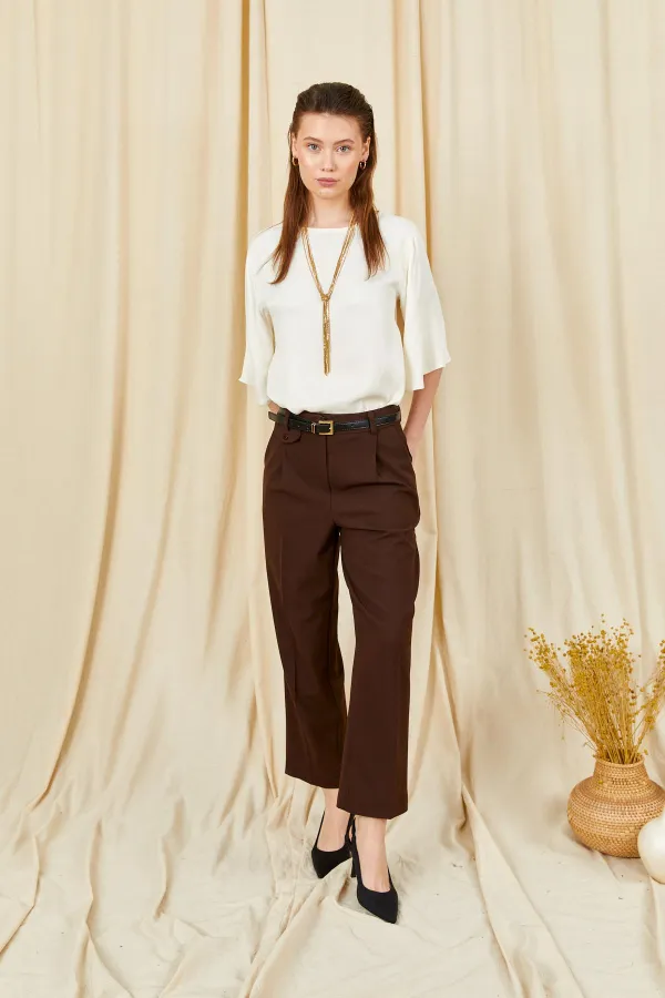 Kadın Koyu Kahve 3523 Cep Görünümlü Çift Fletolu  Kemerli Joger Pantolon