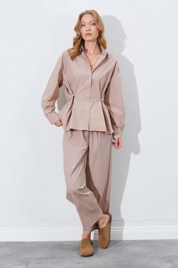 Kadın Vizon Bel Oturtmalı Bel Düğme Detaylı Gömlek