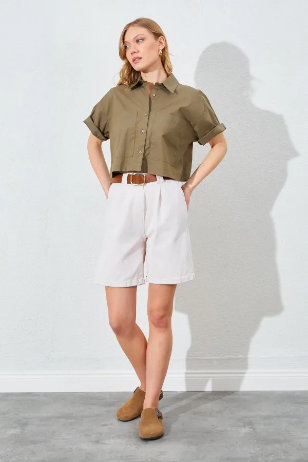 Kadın Taş Yüksel Bel Beli Kemerli Gabardin Şort