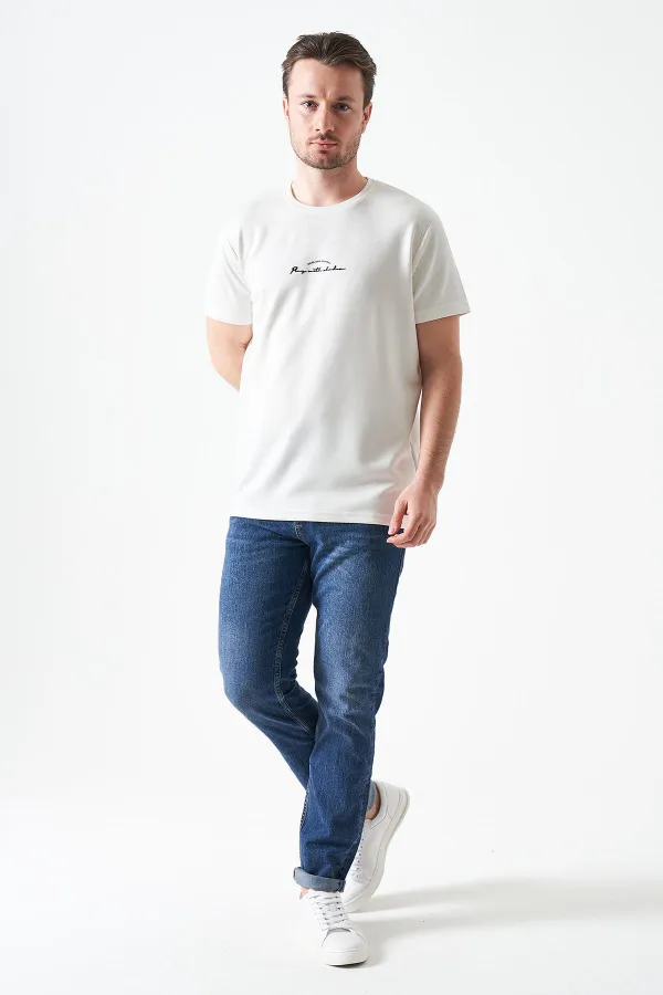 Erkek Ekru Bisiklet Yaka MADE WİTH  Baskılı Modal Tişört