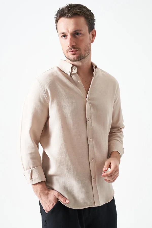 Erkek Bej Uzun Kol Regular Basic Müslin Gömlek