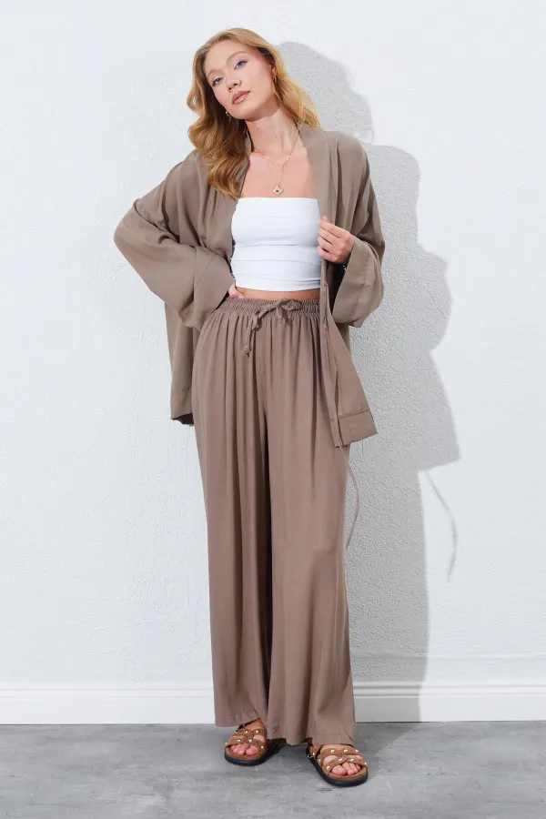 Kadın Toprak Beli Lastikli Palazzo Keten Pantolon