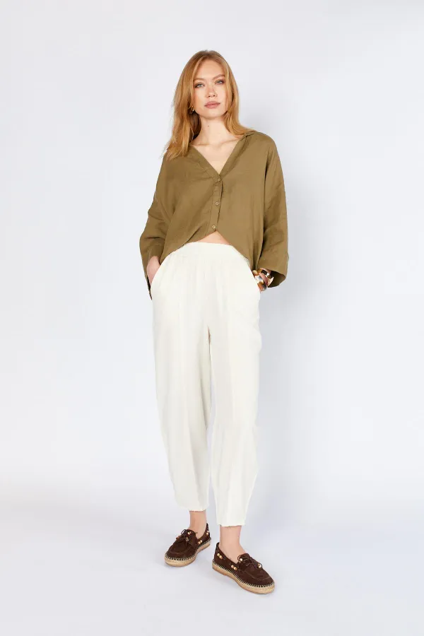 Kadın Ekru (5456) Önü Dikişli Balon Kesim Tencel Pantolon
