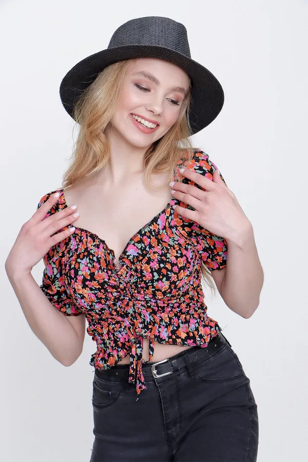 Kadın Desen-1 Gipeli Ön Büzgülü Crop Bluz
