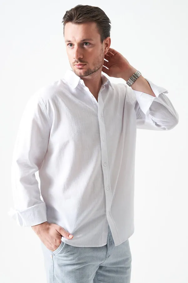 Erkek Beyaz Uzun Kol Basic Pamuk Flam Regular Gömlek