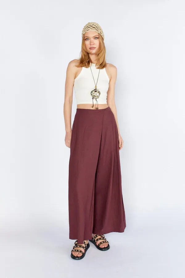 Kadın Bordo Anvelop Model Keten Pantolon