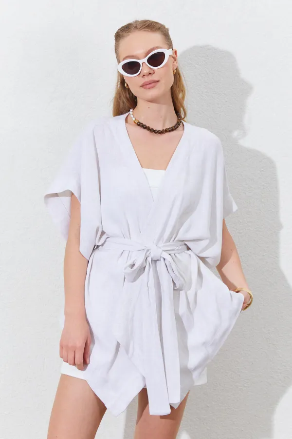 Kadın Naturel Düşük Kol Kuşaklı Kimono