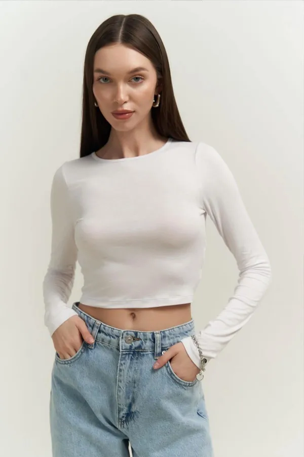 Kadın Ekru Uzun Kollu Bisiklet Yaka Crop Bluz