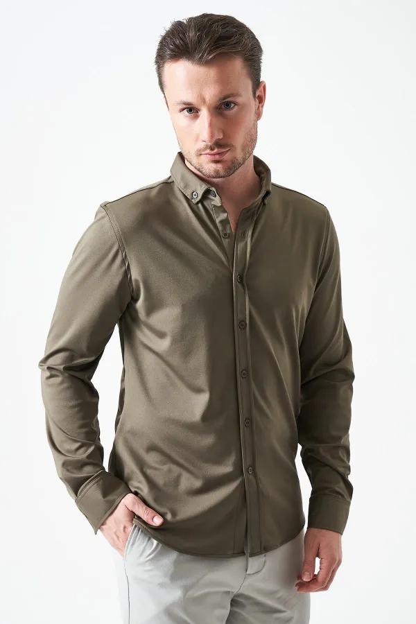 Erkek Haki Uzun Kol Ripaş Dalgıç Slim Fit Gömlek