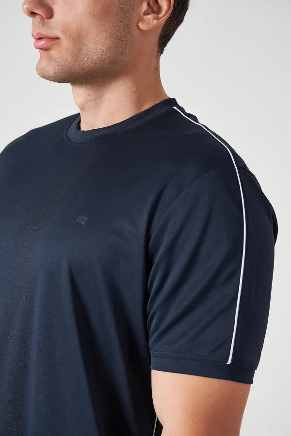 Erkek Lacivert Bisiklet Yaka Omuz ve Yanları Biyeli Kagi Tişört