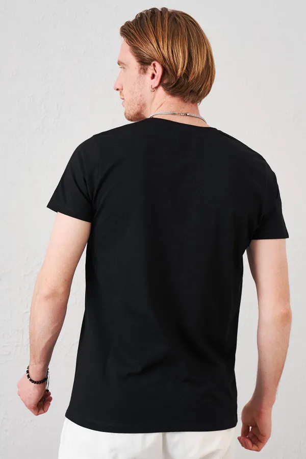 T-shirt noir à col rond pour homme avec imprimé Focus