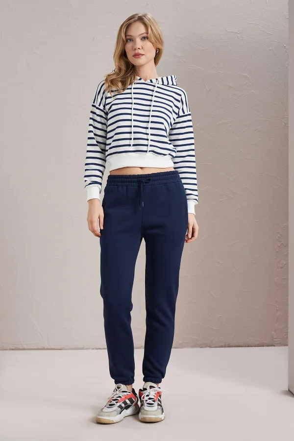 Women's Indigo Three-Thread Striped Hooded Crop Sweatshirt