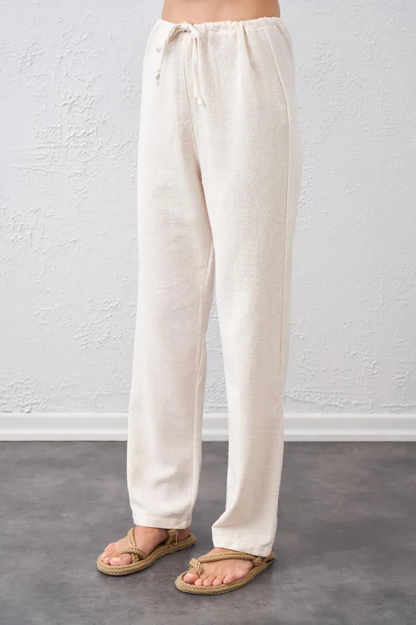 Kadın Naturel Bel Bağlamalı Bağcıklı Keten Pantolon