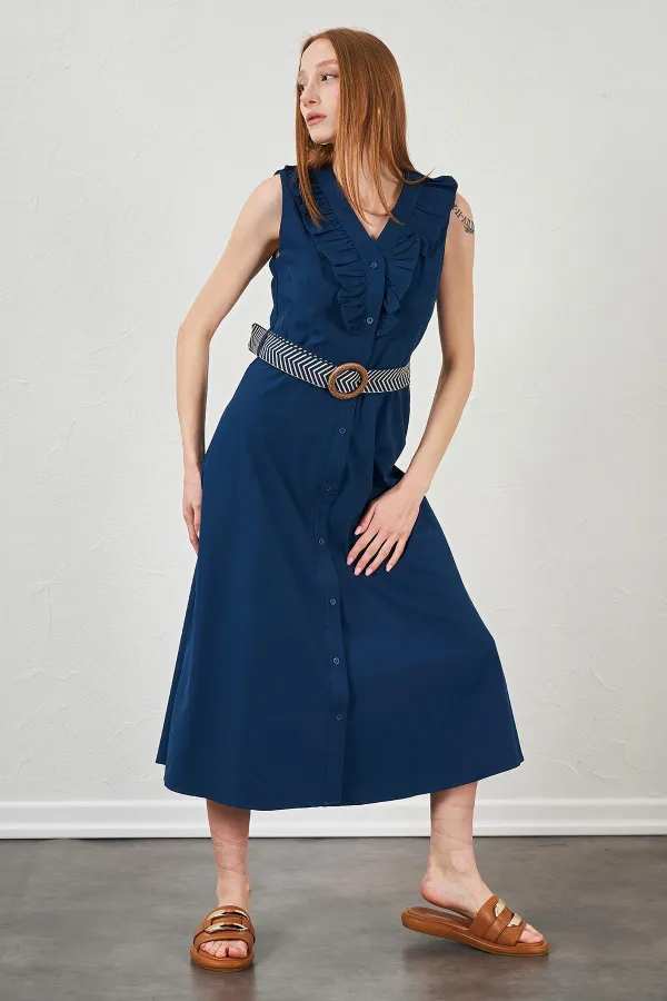 Kadın İndigo Yaka Fırfırlı Önü Düğmeli Kolsuz Poplin Kumaş Uzun Elbise