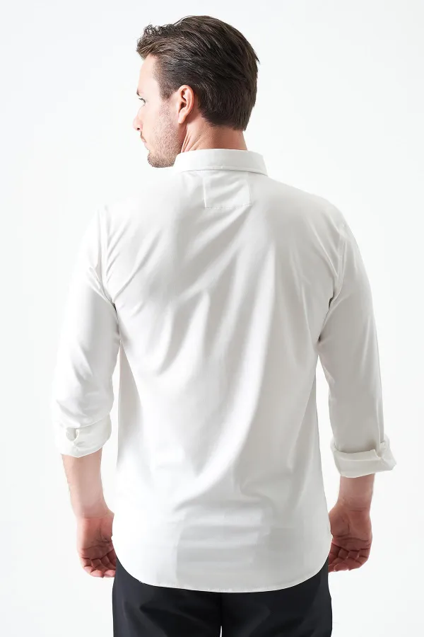 Erkek Ekru Uzun Kol Ripaş Dalgıç Slim Fit Gömlek