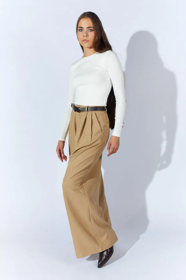 Kadın Bej Beli Kalın Kemer Palazzo Pantolon