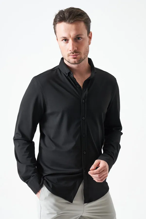 Erkek Siyah Uzun Kol Ripaş Dalgıç Slim Fit Gömlek