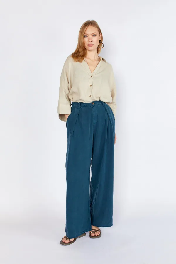Women's Navy Blue YP5115 Double Pleated Wide Leg Tencel Trousers