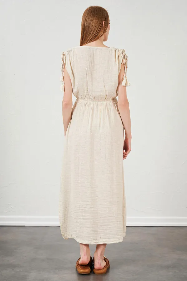 Kadın Taş V Yaka Omuzları Bağlamalı Müslin Kumaş Elbise