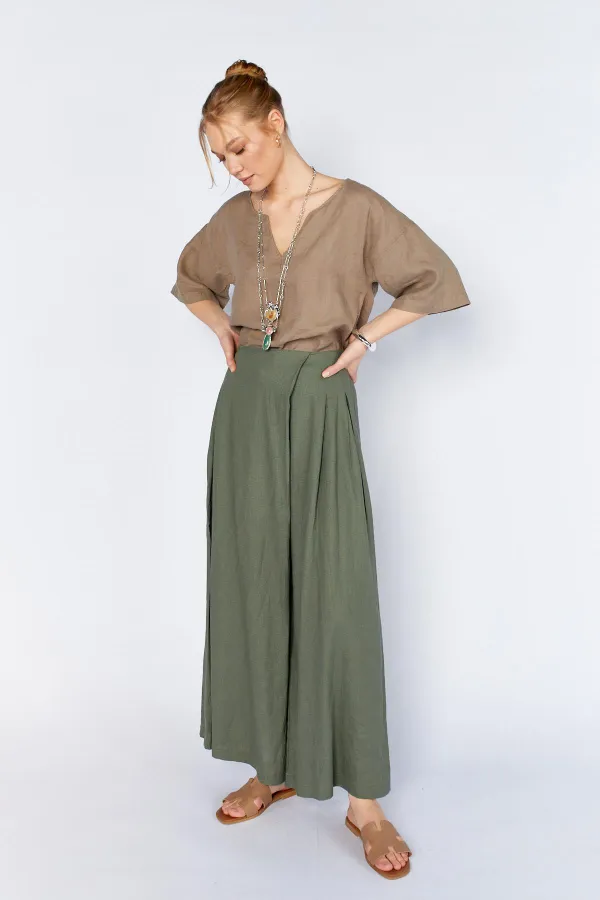 Kadın Haki Anvelop Model Keten Pantolon