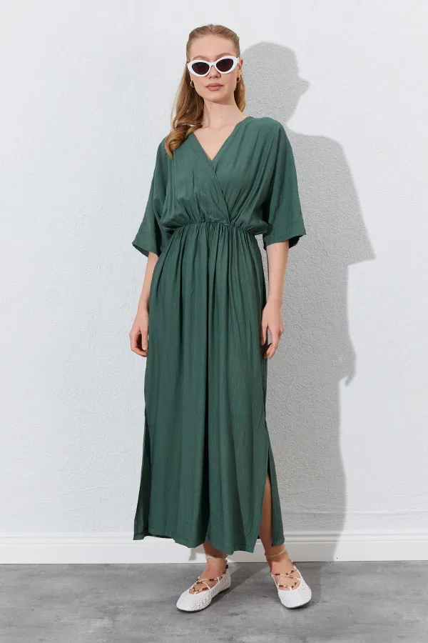 Kadın Haki Düşük Kol Yanları Yırtmaçlı Uzun Elbise