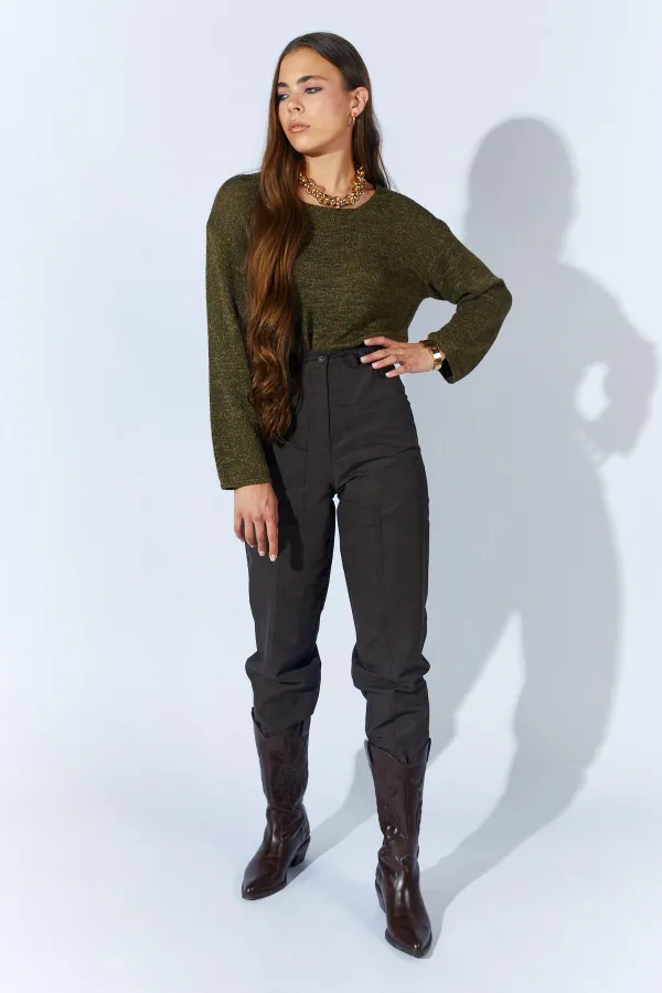 Kadın Kahve Beli Düğmeli Çift Dikişli Pantolon